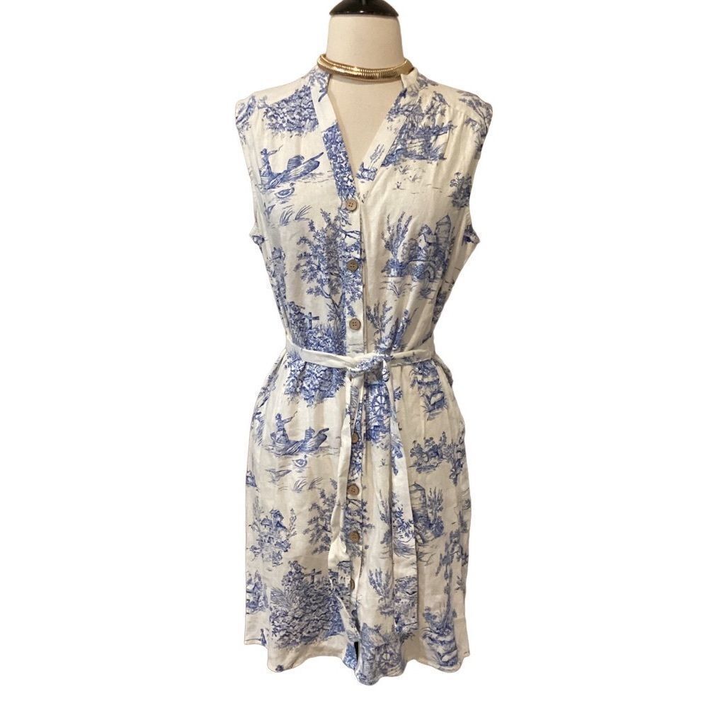 Chloe + Rene Linen blend Cottage Print Dress Blue and White Sleeveless M